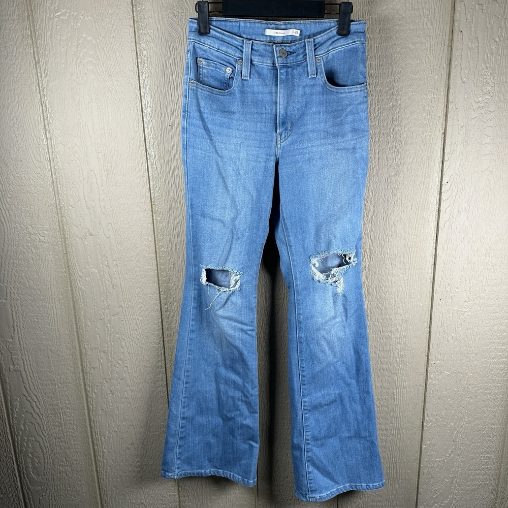 Levi's 726 High Rise Flare Jeans Womens 26 Blue Distressed Ripped Denim Stretch